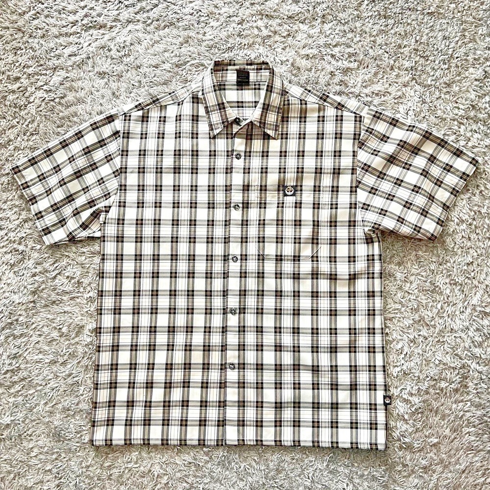 Lowrider Shirt Mens Large Old School Tan Black Plaid Button Up Short Sleeve